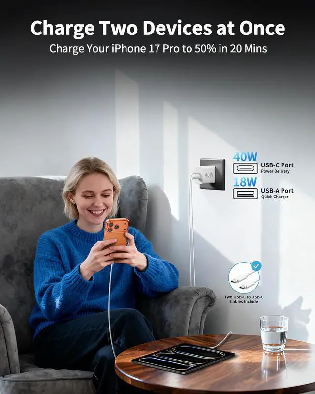 Alt view image 3 of 7 - 17 16 15 Pro Max Charger Fast Charging, 2Pack 40W USB C Fast Charger | Dual Port Type C Charging Block, with 6FT USB C Cable Cord, for iPhone 17/17 Pro/17 Pro Max/Air/16/16 Pro Max/15/Plus, iPad
