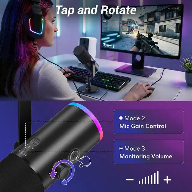 Alt view image 5 of 7 - Dynamic Gaming Microphone XLR/USB Mic with AI Noise Cancellation | Desktop Stand Set, RGB, Tap Mute, 3.5mm Jack, Gain Control, Microfono for Content Creators, Black, TD510 AIR S