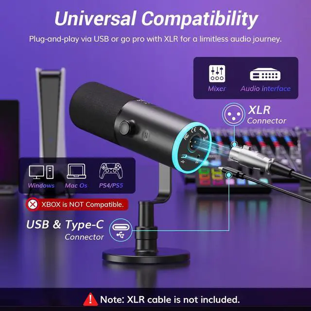 Alt view image 7 of 7 - Dynamic Gaming Microphone XLR/USB Mic with AI Noise Cancellation | Desktop Stand Set, RGB, Tap Mute, 3.5mm Jack, Gain Control, Microfono for Content Creators, Black, TD510 AIR S