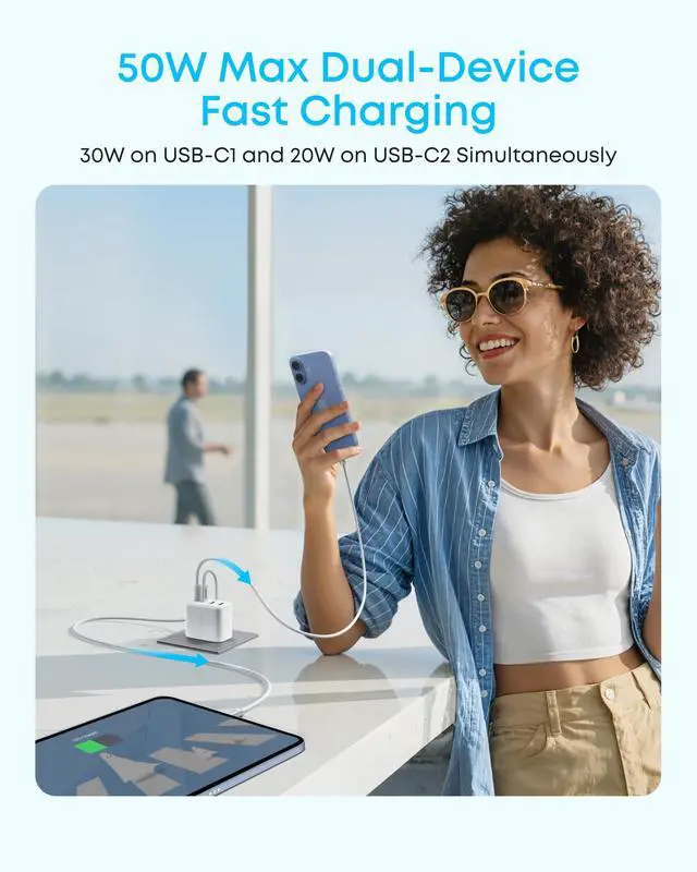 Alt view image 3 of 6 - Zolo USB C Charger Block, 50W Max Output Type C Charger Fast Charging | 2 USB C and 2 USB A, for iPhone 17/17 Pro Max/16 Series, MacBook, iPad, Pixel, Galaxy, Apple Watch and More (2-Pack, White)