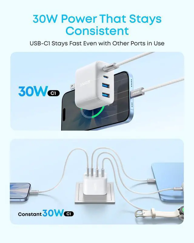 Alt view image 4 of 6 - Zolo USB C Charger Block, 50W Max Output Type C Charger Fast Charging | 2 USB C and 2 USB A, for iPhone 17/17 Pro Max/16 Series, MacBook, iPad, Pixel, Galaxy, Apple Watch and More (2-Pack, White)