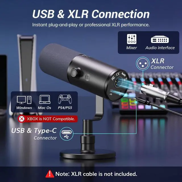 Alt view image 5 of 7 - Dynamic Podcast Microphone for Studio, Cardioid XLR/USB Mic, AI Noise Cancellation, Tap Mute, 3.5mm Headphone Jack for Monitoring, Volume Control, Microfono with Desktop Stand, Black, TD510 AIR