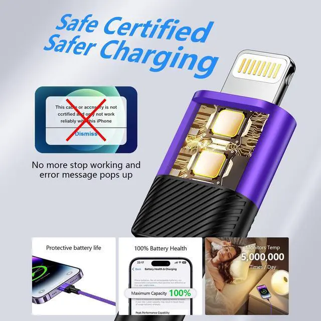Alt view image 2 of 7 - Lightning Cable,Purple iPhone Charger for iPhone 14/14 Pro | 14 Pro Max/13/12/11/XR/XS/X/8Plus/7/6s,9Foot 3.1A A pple Fast Charger Cord Car Charging Lightning Cable Nylon Braided Purple