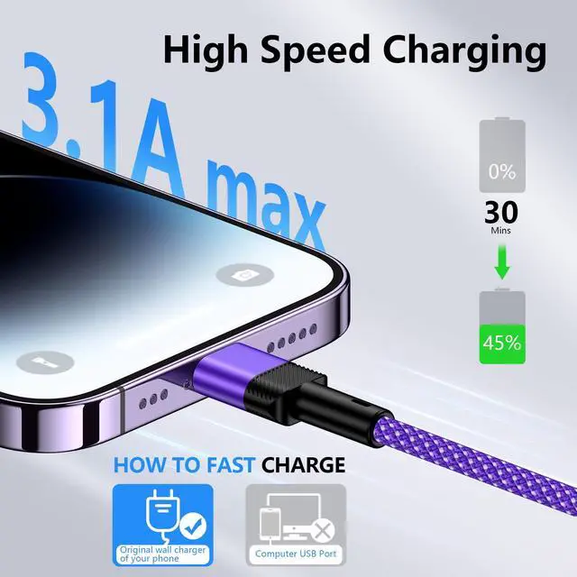 Alt view image 3 of 7 - Lightning Cable,Purple iPhone Charger for iPhone 14/14 Pro | 14 Pro Max/13/12/11/XR/XS/X/8Plus/7/6s,9Foot 3.1A A pple Fast Charger Cord Car Charging Lightning Cable Nylon Braided Purple