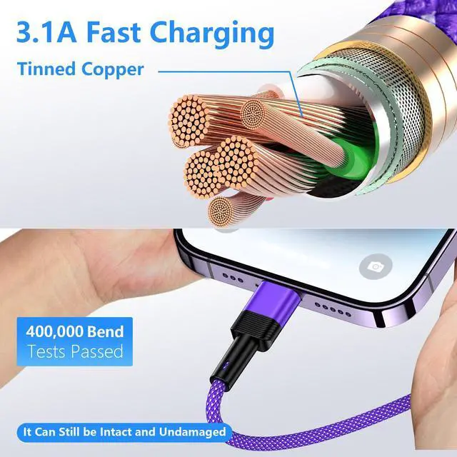 Alt view image 4 of 7 - Lightning Cable,Purple iPhone Charger for iPhone 14/14 Pro | 14 Pro Max/13/12/11/XR/XS/X/8Plus/7/6s,9Foot 3.1A A pple Fast Charger Cord Car Charging Lightning Cable Nylon Braided Purple