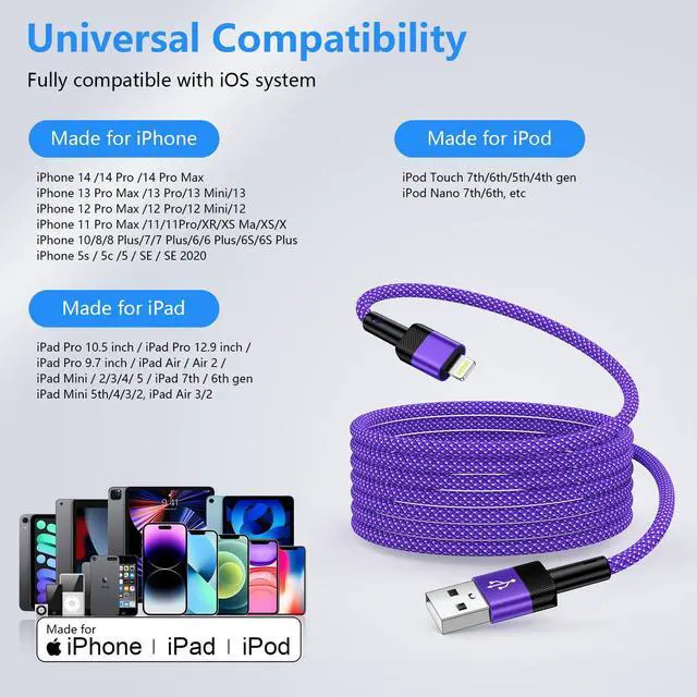 Alt view image 6 of 7 - Lightning Cable,Purple iPhone Charger for iPhone 14/14 Pro | 14 Pro Max/13/12/11/XR/XS/X/8Plus/7/6s,9Foot 3.1A A pple Fast Charger Cord Car Charging Lightning Cable Nylon Braided Purple