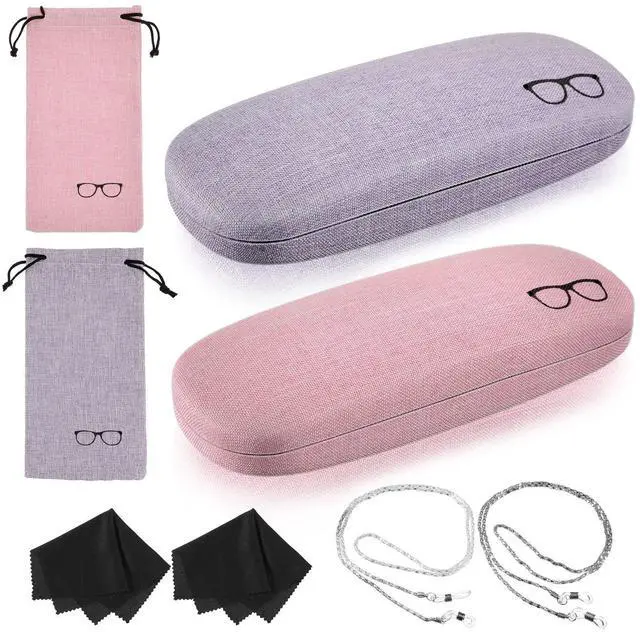 Main image of 2 Set Eyeglass Case Kit Hard Shell Fabric Dusty Colors Eyeglass Case with Storage Bag Glasses Chain Cleaning Cloth(Pink, Purple)