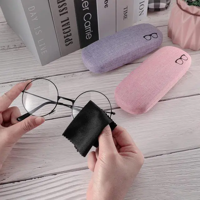 Alt view image 4 of 7 - 2 Set Eyeglass Case Kit Hard Shell Fabric Dusty Colors Eyeglass Case with Storage Bag Glasses Chain Cleaning Cloth(Pink, Purple)