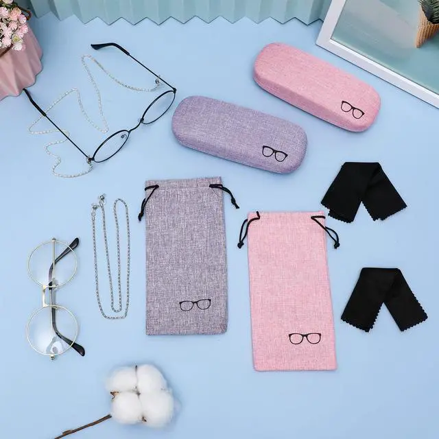Alt view image 5 of 7 - 2 Set Eyeglass Case Kit Hard Shell Fabric Dusty Colors Eyeglass Case with Storage Bag Glasses Chain Cleaning Cloth(Pink, Purple)