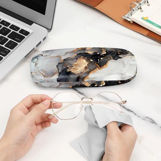 Alt view image 6 of 7 - Hard Shell Eyeglasses Case, Portable Protective Glasses Cover | Eyeglass Holder Box, With Cleaning Cloth For Men Women, For Reading/Prescription Glasses, For Daily Carry, Cloudy Marble