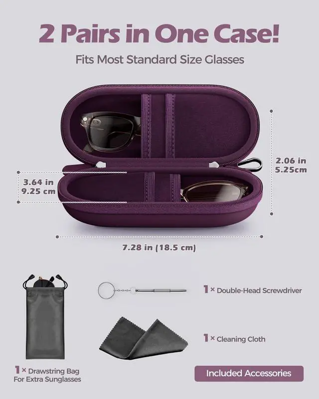 Alt view image 2 of 7 - Hard Double Sunglasses Glasses Case for Men Women -Plum | EVA Shell Shockproof Dual Eyeglass Case with Metal Hook Velvet Lining, Travel Zipper Organizer for Couple Gifts(1 Pack)
