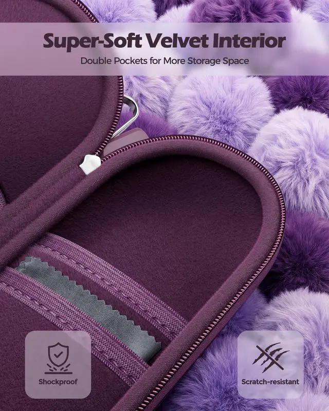 Alt view image 4 of 7 - Hard Double Sunglasses Glasses Case for Men Women -Plum | EVA Shell Shockproof Dual Eyeglass Case with Metal Hook Velvet Lining, Travel Zipper Organizer for Couple Gifts(1 Pack)