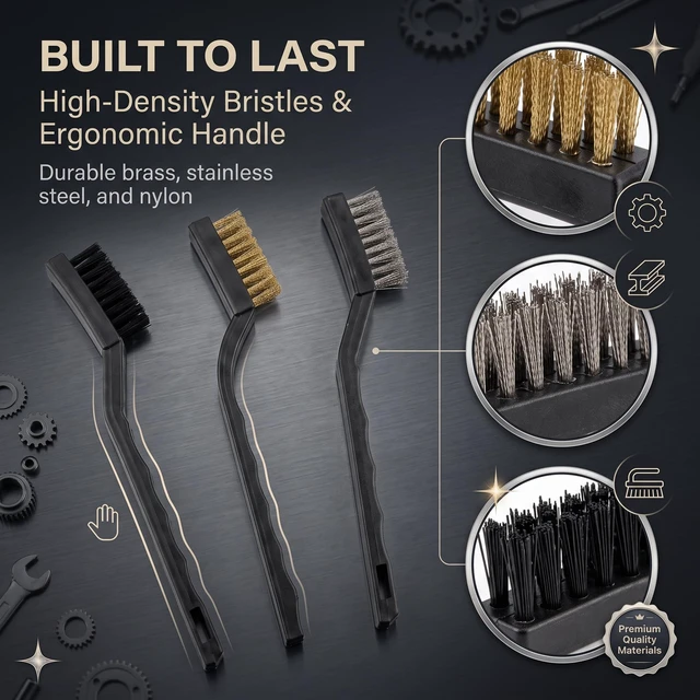 Alt view image 6 of 6 - 3PCS Mini Wire Brush Set, 7" Brass Stainless Steel Nylon Bristle Brushes, Industrial Cleaning Tools for Auto Rust Removal, Paint Stripping & Surface Polishing (Black)
