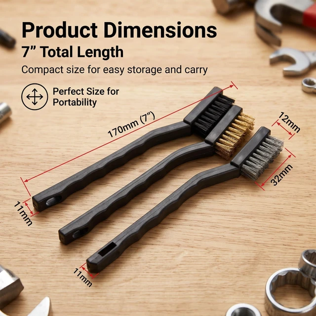 Alt view image 2 of 6 - 3PCS Mini Wire Brush Set, 7" Brass Stainless Steel Nylon Bristle Brushes, Industrial Cleaning Tools for Auto Rust Removal, Paint Stripping & Surface Polishing (Black)