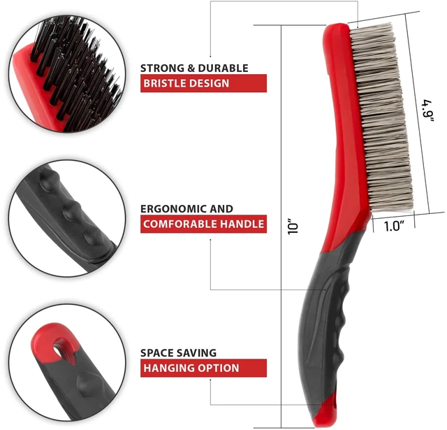 Alt view image 2 of 7 - Wire Brush Set-Heavy Duty Stainless & Carbon Steel Bristles with Plastic Handle Grip for Rust, Wielding Slag, Dirt & Paint Scrubbing with Deep Cleaning 10 Inches, Large (Pack of 2-Red)