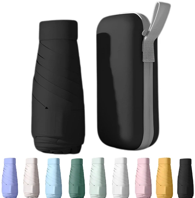 Main image of Mini Travel Sun Umbrella for Purse, UPF 50+ with Case | 7.1 in folded, 35.4 in canopy, manual lift, black UV-blocking interior, compact for purses, travel, sun and light rain