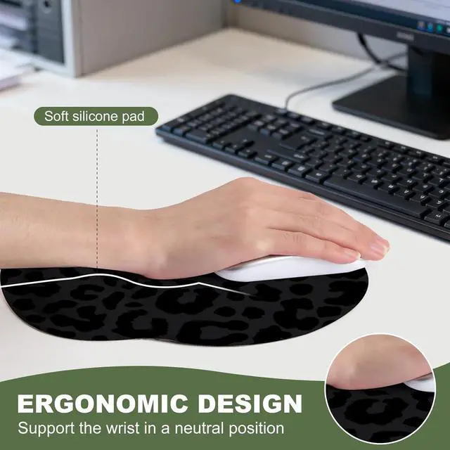 Alt view image 6 of 7 - Black Leopard Mouse Pad with Gel Wrist Support, Smooth Surface Ergonomic Mouse pad, Non-Slip Pain Relief Desk Mat for Gaming, Work & Office Desktop