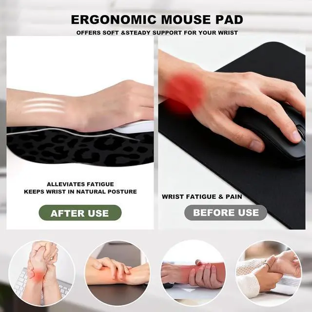 Alt view image 3 of 7 - Black Leopard Mouse Pad with Gel Wrist Support, Smooth Surface Ergonomic Mouse pad, Non-Slip Pain Relief Desk Mat for Gaming, Work & Office Desktop
