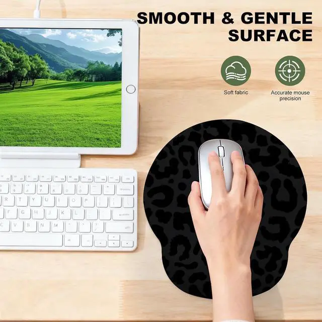 Alt view image 7 of 7 - Black Leopard Mouse Pad with Gel Wrist Support, Smooth Surface Ergonomic Mouse pad, Non-Slip Pain Relief Desk Mat for Gaming, Work & Office Desktop