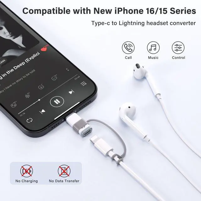 Alt view image 6 of 6 - USB C to Lightning Audio Adapter, USB C Male to Female Lightning Headphone Audio Adapter Compatible with iPhone 16/16Pro/15/15Pro, iPad Pro, iPad Air 6/5, MacBook, Galaxy S24(Audio Only, No Charge)