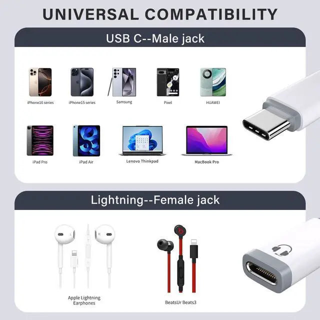 Alt view image 3 of 6 - USB C to Lightning Audio Adapter, USB C Male to Female Lightning Headphone Audio Adapter Compatible with iPhone 16/16Pro/15/15Pro, iPad Pro, iPad Air 6/5, MacBook, Galaxy S24(Audio Only, No Charge)