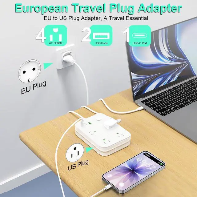 Alt view image 2 of 7 - European Travel Plug Adapter, European Power Strip with 4 AC Outlets 1 USB C and 2 USB Ports, Europe to US Plug Adapter Type C for EU Germany France Spain Italy Travel (3ft)