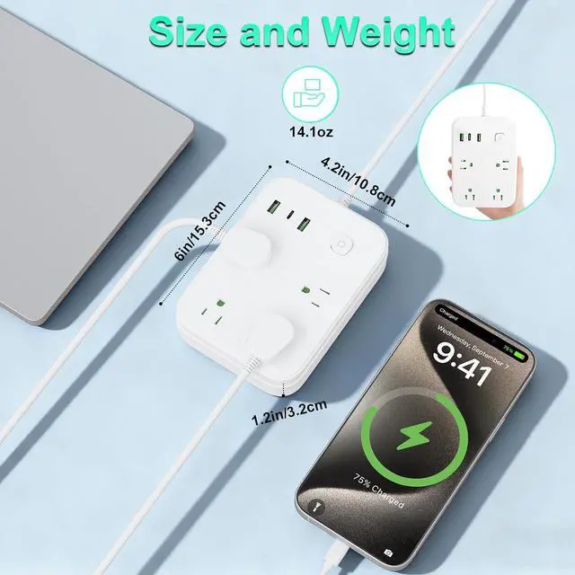 Alt view image 3 of 7 - European Travel Plug Adapter, European Power Strip with 4 AC Outlets 1 USB C and 2 USB Ports, Europe to US Plug Adapter Type C for EU Germany France Spain Italy Travel (3ft)