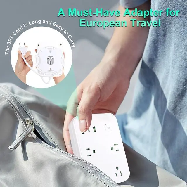 Alt view image 5 of 7 - European Travel Plug Adapter, European Power Strip with 4 AC Outlets 1 USB C and 2 USB Ports, Europe to US Plug Adapter Type C for EU Germany France Spain Italy Travel (3ft)