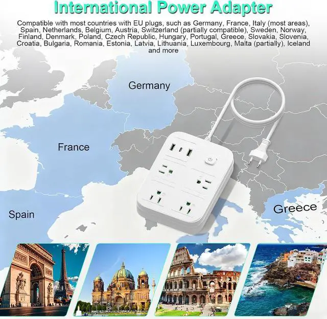 Alt view image 4 of 7 - European Travel Plug Adapter, European Power Strip with 4 AC Outlets 1 USB C and 2 USB Ports, Europe to US Plug Adapter Type C for EU Germany France Spain Italy Travel (3ft)