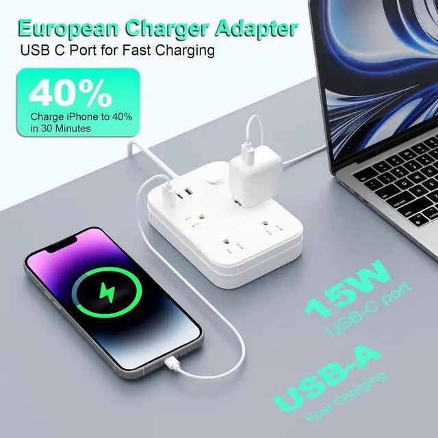 Alt view image 7 of 7 - European Travel Plug Adapter, European Power Strip with 4 AC Outlets 1 USB C and 2 USB Ports, Europe to US Plug Adapter Type C for EU Germany France Spain Italy Travel (3ft)