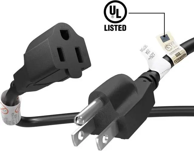 Alt view image 5 of 7 - 15 Amp 2 Feet 3 Prong Extension Cord 14 Gauge 1875W Black