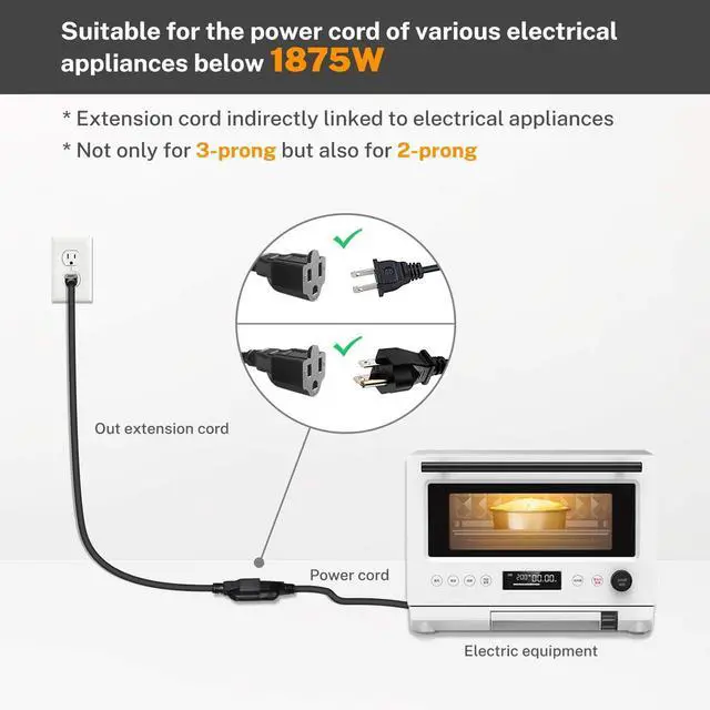 Alt view image 6 of 7 - 15 Amp 2 Feet 3 Prong Extension Cord 14 Gauge 1875W Black