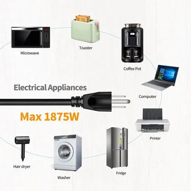 Alt view image 4 of 7 - 15 Amp 2 Feet 3 Prong Extension Cord 14 Gauge 1875W Black