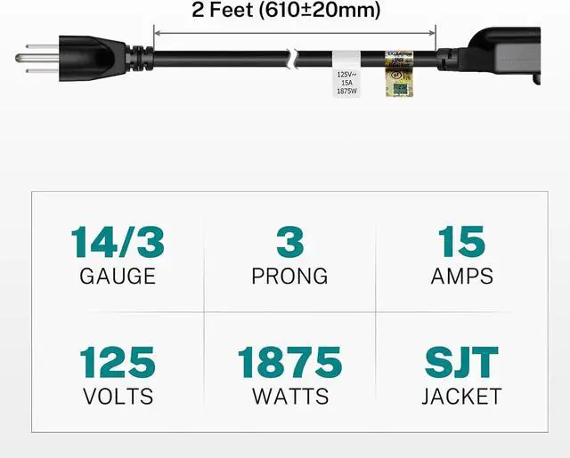 Alt view image 3 of 7 - 15 Amp 2 Feet 3 Prong Extension Cord 14 Gauge 1875W Black