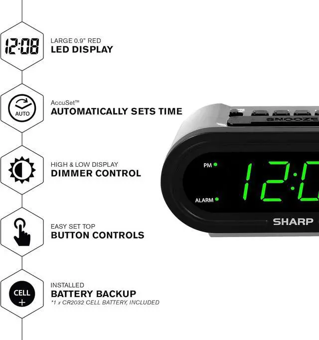 Alt view image 6 of 7 - AccuSet Self-Setting Alarm Clock with Auto DST, Green LED
