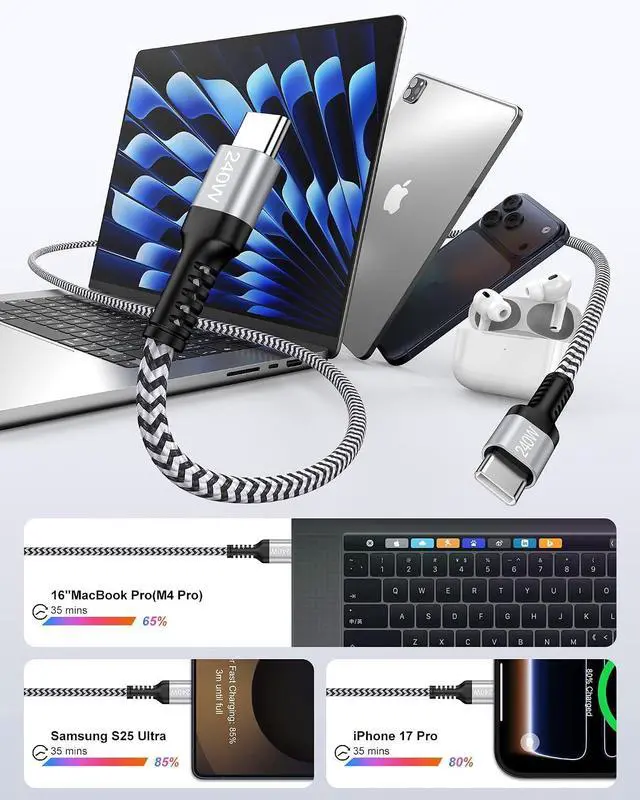 Alt view image 5 of 6 - 240W USB C to USB C Cable for MacBook Pro Charger, MacBook Air M4, M3, M2