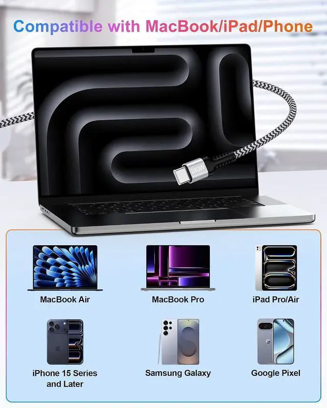 Alt view image 2 of 6 - 240W USB C to USB C Cable for MacBook Pro Charger, MacBook Air M4, M3, M2
