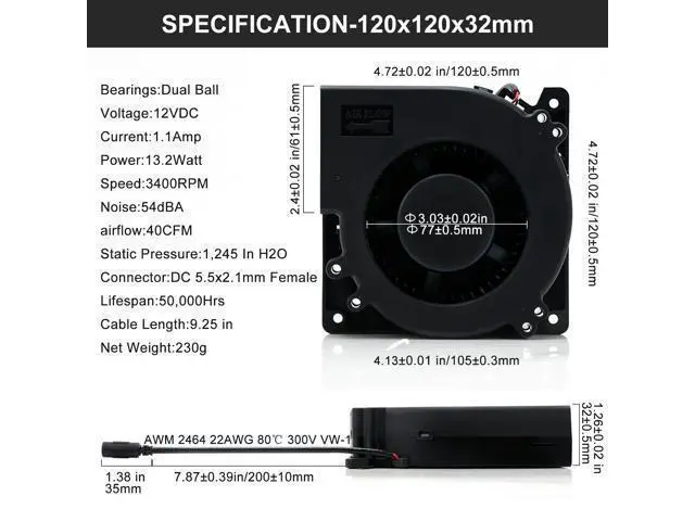 Alt view image 5 of 7 - NEW 120mm Blower 12cm 120x120x32mm 12032 Centrifugal Cooling Fan w/ AC 120V 220V to 3V - 12V 2A with Speed Controller for Grow Tent SXDOOL SXD12032B12H Dual Ball