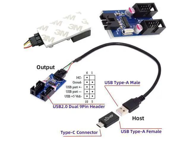 Alt view image 5 of 7 - USB 3.1 Type-C Male to Dual USB-A Female Hub Adapter, Motherboard 9Pin/10Pin Header 1-to-2 USB Port Multiplier Splitter Cable