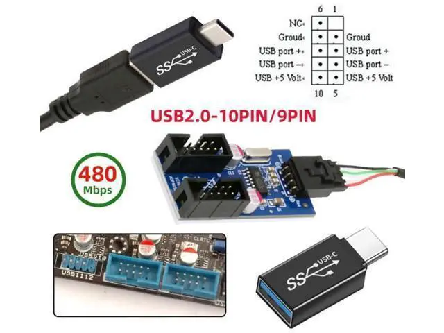 Alt view image 3 of 7 - USB 2.0 Motherboard 9Pin/10Pin Header 1-to-2 Splitter Hub Cable, Internal Front Panel USB Header Extension Adapter with USB-C Type-E Converter for PC Desktop Case Upgrade