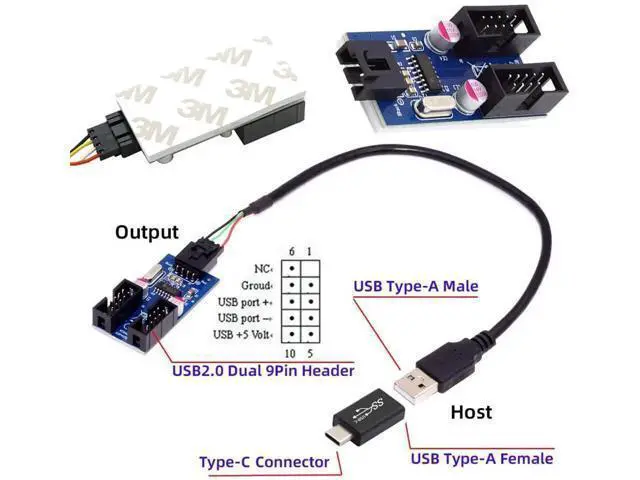 Alt view image 7 of 7 - USB 2.0 Motherboard 9Pin/10Pin Header 1-to-2 Splitter Hub Cable, Internal Front Panel USB Header Extension Adapter with USB-C Type-E Converter for PC Desktop Case Upgrade