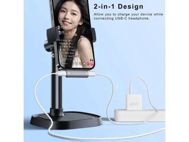 Alt view image 2 of 6 - 2-in-1 USB C Audio Charging Splitter Dongle, USB Type C to 3.5mm Headphone Jack with 60W PD Fast Charge for iPhone 15/16, iPad, Galaxy, Pixel Phones