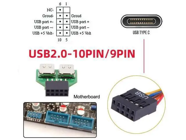 Alt view image 4 of 7 - Dual Port USB 3.1 Type-C Female to Motherboard 9Pin 10Pin USB Header Adapter PCBA, 480Mbps USB 2.0 Internal Front Panel Connector for DIY PC Case