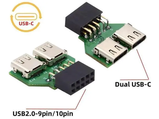 Alt view image 7 of 7 - Dual Port USB 3.1 Type-C Female to Motherboard 9Pin 10Pin USB Header Adapter PCBA, 480Mbps USB 2.0 Internal Front Panel Connector for DIY PC Case