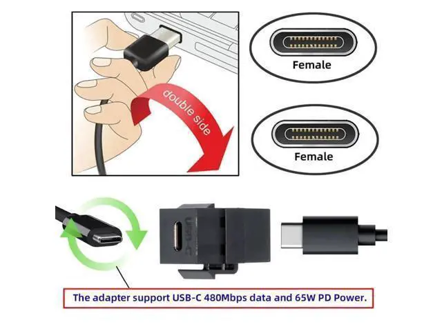 Alt view image 6 of 6 - USB 2.0 Type-C Female to Female Keystone Jack Coupler Adapter, Snap-in USB-C Extension Connector for Standard Wall Plate Panel USB Cable Wiring