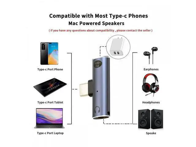 Alt view image 2 of 7 - 2 in 1 USB C to 3.5mm Audio DAC & 100W PD Charging Adapter, 16Bit/48kHz HiFi Type-C Aux Dongle for Phone Tablet Laptop