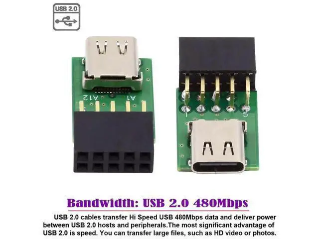 Alt view image 4 of 7 - Single Port USB-C Female to Motherboard 9Pin 10Pin USB Header PCBA Adapter, 480Mbps USB 2.0 Internal Front Panel Connector for DIY Desktop PC