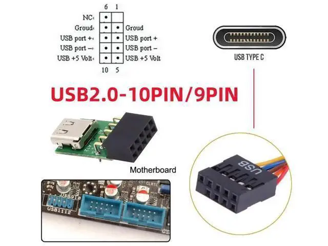 Alt view image 7 of 7 - Single Port USB-C Female to Motherboard 9Pin 10Pin USB Header PCBA Adapter, 480Mbps USB 2.0 Internal Front Panel Connector for DIY Desktop PC