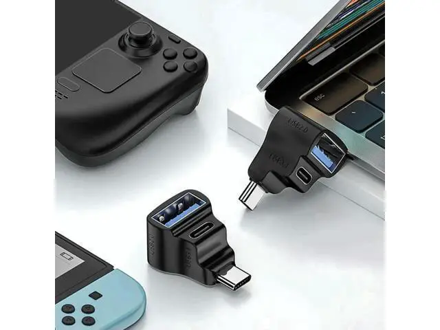 Alt view image 3 of 3 - 1 to 2 180 Degree U-Shaped USB C Splitter Adapter, USB-C Male to USB-C + USB-A Female Dongle 20Gbps 8K@60Hz Video Output OTG Converter Compatible with Steam Deck, Switch, Laptop, Tablet, Phone