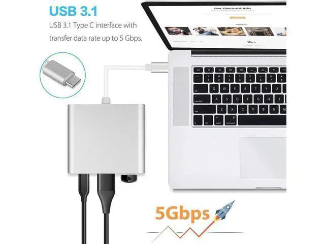 Alt view image 5 of 7 - Silver 3-in-1 USB C Multiport Adapter, 4K HDMI Output, USB 3.0 Data Port & USB-C PD Charging Hub, Type-C Digital Converter Compatible with MacBook, Chromebook Pixel, XPS13, Galaxy S8/S8 Plus